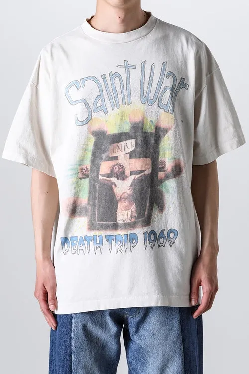 SAINT MICHAEL SAINT WAR TEE/WHAT new style Jesus cross retro short-sleeved, off-white S-XL, ready-to-wear, washed and distressed, printed repeatedly and modified, tube-woven seamless fabric, with little angel anti-counterfeiting label